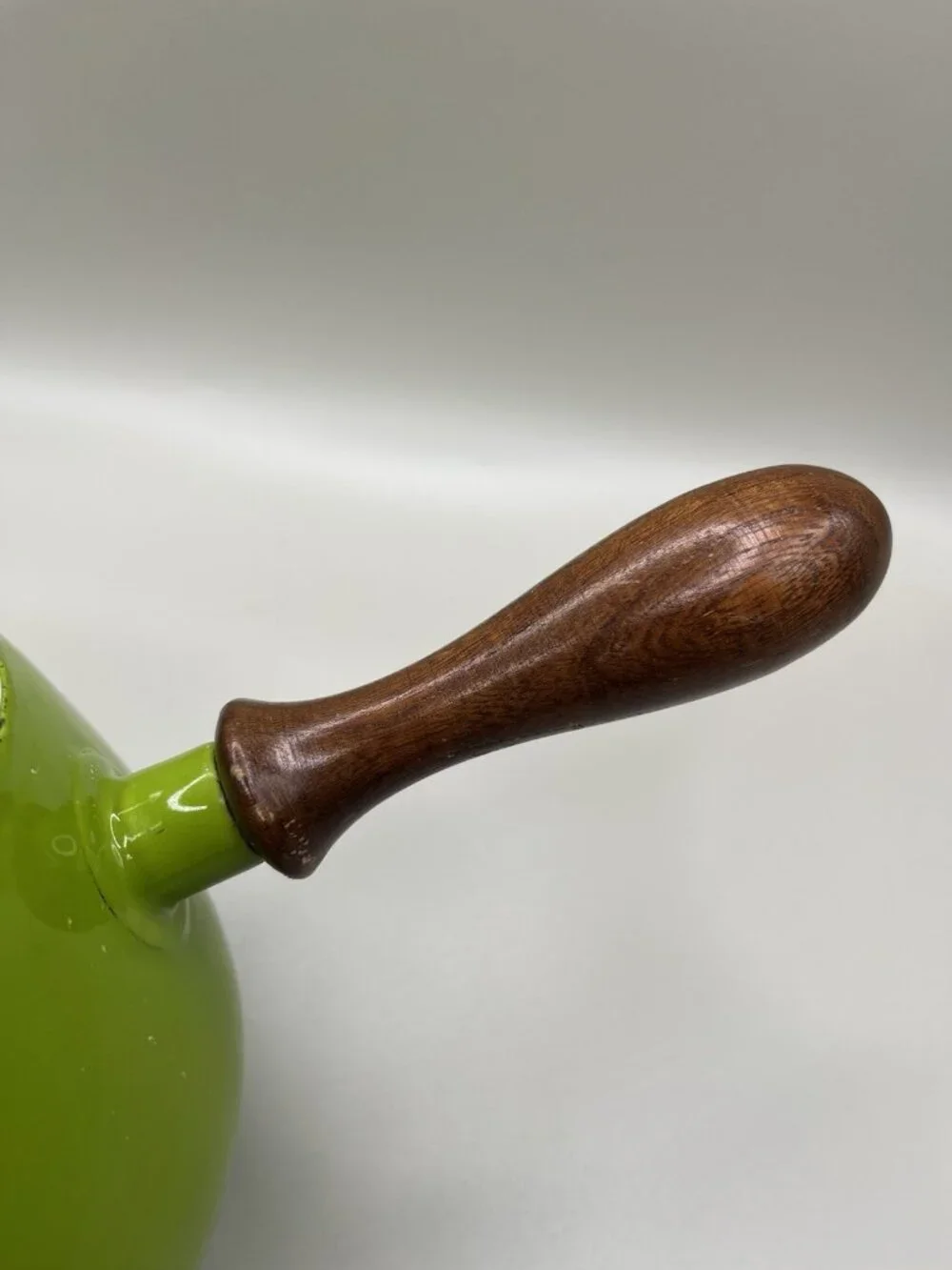 Vintage Enamel Mid Century Avocado Green Wood Handle Sauce Pan MCM Retro 70s